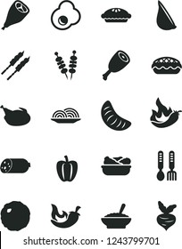 Solid Black Vector Icon Set - iron fork spoons vector, sausage, fried vegetables on sticks, onion, pie, apple, a bowl of buckwheat porridge, lettuce in plate, chicken, thigh, grill leg, barbecue