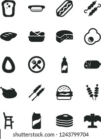 Solid Black Vector Icon Set - a chair for feeding child vector, sausage, stick of, cheese, fried vegetables on sticks, Hot Dog, mini, burger, lettuce in plate, chicken, chop, barbecue, meat skewers