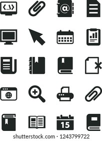 Solid Black Vector Icon Set - monitor window vector, clip, zoom, book, e, calendar, notebook, address, delete page, statistical report, newspaper, printer, browser, coding, cursor, file