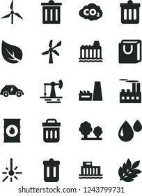 Solid Black Vector Icon Set - bin vector, dust, bag with handles, working oil derrick, leaf, windmill, wind energy, hydroelectric station, hydroelectricity, trees, industrial building, drop, trash