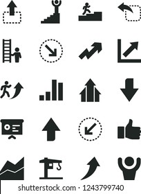 Solid Black Vector Icon Set - upward direction vector, downward, growth up, line chart, crane, left bottom arrow, move, right, bar, financial report, finger, man, carrer stairway, winner, arrows