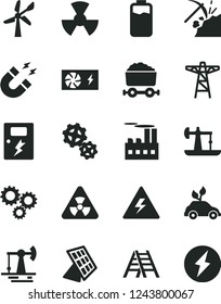 Solid Black Vector Icon Set - danger of electricity vector, ladder, dangers, charge level, oil derrick, working, coal mining, wind energy, power pole, industrial building, gears, radiation, three