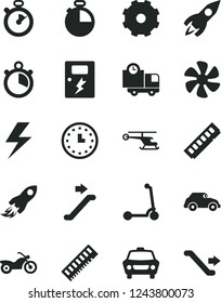 Solid Black Vector Icon Set - truck lorry vector, lightning, child Kick scooter, dangers, timer, car, delivery, marine propeller, retro, rocket, space, wall watch, memory, stopwatch, helicopter