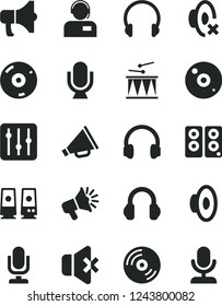Solid Black Vector Icon Set - desktop microphone vector, horn, loudspeaker, silent mode, drumroll, headphones, CD, regulator, no sound, operator, megaphone, pc speaker