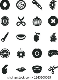Solid Black Vector Icon Set - scissors vector, mark of injury, arm saw, stationery knife, cheese, pizza, slices onion, half pomegranate, plum, mango, peach, melon, cherry, lemon, juicy, kiwi, guawa