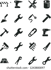 Solid Black Vector Icon Set - repair key vector, safety pin, building trowel, small tools, adjustable wrench, cordless drill, hand saw, paint roller, spatula, paving slab, road fence, hammer, pipes