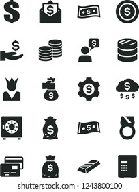 Solid Black Vector Icon Set - dollar vector, strongbox, cards, coins, column of, get a wage, dollars, gold ring, bar, money bag hand, rain, coin, gear, king, mail, dialog, safe