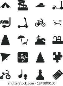 Solid Black Vector Icon Set - stacking rings vector, toy, child bicycle, Kick scooter, Puzzle, Puzzles, pawn, hang glider, bike, tent, beach, arnchair under umbrella, pool, aquapark, diving mask