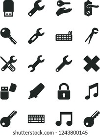 Solid Black Vector Icon Set - repair key vector, cross, small tools, adjustable wrench, door knob, lock, music, steel, text highlighter, keyboard, usb flash, note, arm with