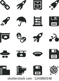 Solid Black Vector Icon Set - floppy disk vector, spectacles, hat with glasses, camera roll, bedside table, tricycle, child shoes, abacus, umbrella, plate, modern gas station, vintage sign