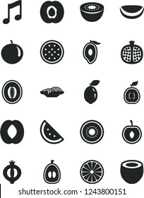 Solid Black Vector Icon Set - music vector, slices of onion, orange slice, half apricot, pomegranate, medlar, mango, peach, melon, tangerine, loquat, cherry, kiwi, passion fruit, sour lime, guawa