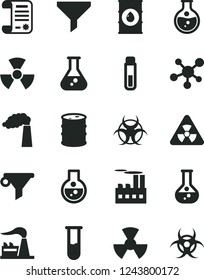 Solid Black Vector Icon Set - round flask vector, manufacture, factory, oil, barrel, industrial building, radiation, filter, water, research article, test tube, molecule, nuclear, biohazard