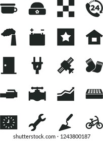 Solid Black Vector Icon Set - warm socks vector, children's potty, hat, dwelling, building trowel, ntrance door, tile, brick, 24, valve, manufacture, accumulator, electric plug, black clock, repair