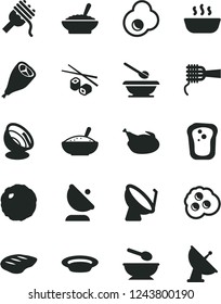 Solid Black Vector Icon Set - deep plate with a spoon vector, plates and spoons, spaghetti, noodles, bowl of buckwheat porridge, rice, hot, chicken, grill leg, chop, cabbage, Chinese chopsticks