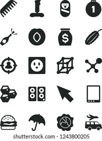 Solid Black Vector Icon Set - comb vector, roly poly doll, umbrella, burger, honeycombs, squash, plum, cucumber, socket, man in sight, money, tablet pc, speaker, joystick, cursor, molecule, 3d cube