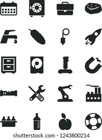 Solid Black Vector Icon Set - briefcase vector, bedside table, measuring bottle for feeding, small tools, construction level, plummet, faucet mixer, strongbox, piece of meat, cucumber, apple, rocket