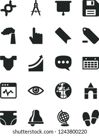 Solid Black Vector Icon Set - bell vector, floppy disk, bookmark, remove label, nappy, Child T shirt, box of bricks, index finger, eye, cardiogram, manufacture, Measuring compasses, planet, speech