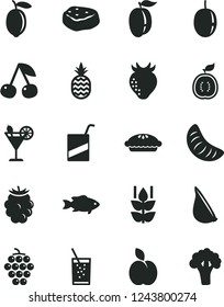 Solid Black Vector Icon Set - vector e, pie, piece of meat, garlic, fish, a glass soda, cocktail, pineapple, apple, mint, cherry, large grape, strawberry, blackberry, slice tangerine, ripe plum