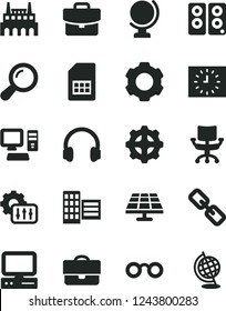 Solid Black Vector Icon Set - spectacles vector, city block, globe, suitcase, solar panel, industrial factory, gear, SIM card, portfolio, black clock, computer, headphones, pc speaker, chair, zoom