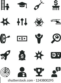 Solid Black Vector Icon Set - settings vector, biohazard, oscilloscope, graduate hat, artifical insimination, radar, bang, winner, prize, man with medal, purpose, ladder, dollar, money bag, column