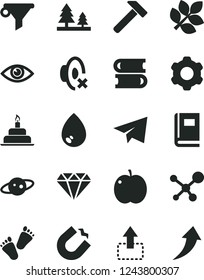 Solid Black Vector Icon Set - paper airplane vector, silent mode, children's tracks, birthday cake, books, cogwheel, hammer, eye, drop, move up, apple, forest, horseshoe magnet, water filter, book