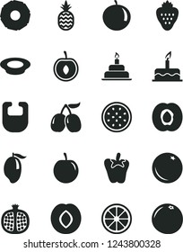 Solid Black Vector Icon Set - bib vector, cake, birthday, a plate of milk, peper, strawberry, pineapple, orange, half apricot, pomegranate, plum, tasty cornels, mango, tangerine, cherry, juicy lemon