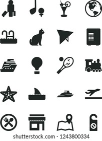 Solid Black Vector Icon Set - earth vector, train, air balloon, hang glider, passenger, departure, cocktail, pool, cafe, starfish, tennis, pets, map, safe, store, golf, cruiser, shark fin, yacht