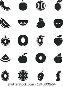 Solid Black Vector Icon Set - ripe peach vector, quince, apricot, red apple, tasty, mulberry, water melon, slice of, half mango, delicious plum, cherry, yellow lemon, passion fruit, pineapple, stub