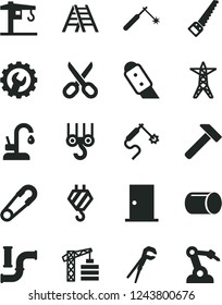 Solid Black Vector Icon Set - scissors vector, safety pin, crane, tower, hook, winch, adjustable wrench, arm saw, ladder, ntrance door, gear, knife, kitchen faucet, hammer, water pipes, power line