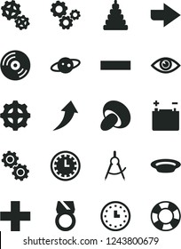 Solid Black Vector Icon Set - clock face vector, right direction, plus, minus, stacking toy, eye, CD, porcini, plate, accumulator, gear, gears, scribed compasses, wall watch, saturn, gold ring