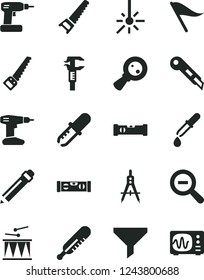 Solid Black Vector Icon Set - graphite pencil vector, zoom out, wind direction indicator, mercury thermometer, drumroll, cordless drill, hand saw, arm, construction level, building, stationery knife