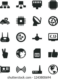Solid Black Vector Icon Set - thumb up vector, autopilot, satellite dish, SIM card, scheme, hierarchical, cpu, pc, router, network, connect, coding, lan connector, wireless, victory hand, earth