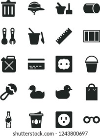 Solid Black Vector Icon Set - bin vector, yardstick, bank card, beanbag, rubber duck, baby duckling, toy sand set, children's, plastic fork spoons, window frame, bucket, power socket type f, helmet