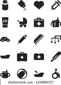 Solid Black Vector Icon Set - heart symbol vector, first aid kit, toys over the cot, mug for feeding, measuring cup, powder, baby, stroller, mercury thermometer, bath ball, children's bathroom, comb