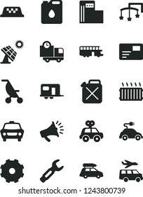 Solid Black Vector Icon Set - truck lorry vector, toys over the cot, summer stroller, motor vehicle present, car, pass card, delivery, big solar panel, modern gas station, canister, of oil, electric