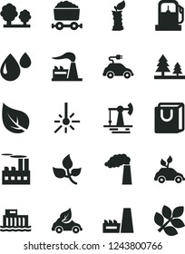 Solid Black Vector Icon Set - bag with handles vector, apple stub, working oil derrick, leaves, leaf, gas station, manufacture, factory, hydroelectric, trees, forest, industrial building, drop