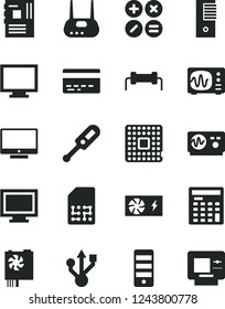 Solid Black Vector Icon Set - monitor vector, window, bank card, electronic thermometer e, screen, math actions, processor, SIM, engineer calculator, pc power supply, tower, motherboard, usb, router