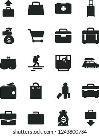 Solid Black Vector Icon Set - bag of a paramedic vector, portfolio, suitcase, case, glass tea, cart, wallet, purse, hand, money, car baggage, backpacker, passenger, rolling, getting