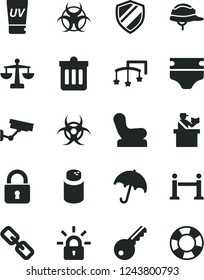 Solid Black Vector Icon Set - spectacles vector, scales, toys over the cot, diaper, powder, Baby chair, helmet, dust bin, lock, umbrella, encrypting, biohazard, rope barrier, passort control, key
