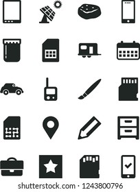 Solid Black Vector Icon Set - tassel vector, toy phone, smartphone, nightstand, piece of meat, jam, big solar panel, retro car, SIM card, location, portfolio, pencil, calendar, tablet pc, sd, star