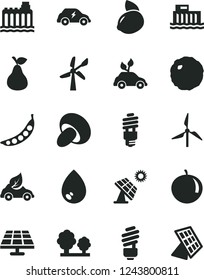 Solid Black Vector Icon Set - saving light bulb vector, drop, porcini, cabbage, pear, tangerine, yellow lemon, peas, solar panel, big, windmill, wind energy, hydroelectric station, hydroelectricity