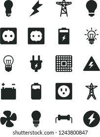 Solid Black Vector Icon Set - danger of electricity vector, matte light bulb, power socket type f, lightning, fan screw, charge level, charging battery, accumulator, line, pole, plug, processor