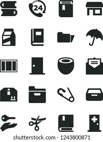 Solid Black Vector Icon Set - book vector, open pin, e, books, window frame, ntrance door, received letter, umbrella, folder, drawer, cardboard box, 24, package, half of coconut, stall, arm with key