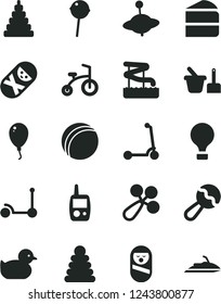 Solid Black Vector Icon Set - beanbag vector, baby rattle, duckling, bath ball, stacking rings, toy, roly poly doll, tumbler, mobile phone, sand set, yule, balloon, child bicycle, Kick scooter, air