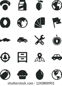 Solid Black Vector Icon Set - sign of the planet vector, baby bath ball, motor vehicle, small tools, sample colour, map, flag, nightstand, package, cake, fish, half peach, cherry, lemon, lime, earth