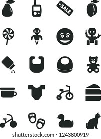 Solid Black Vector Icon Set - baby powder vector, bib, Child T shirt, rubber duck, toy mobile phone, children's potty, teddy bear, bicycle, tricycle, shoes for little children, piece of cake, pear