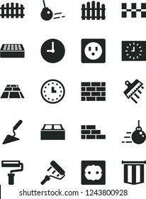 Solid Black Vector Icon Set - paint roller vector, brickwork, brick wall, big core, building trowel, power socket type f, ceramic tiles, block, spatula, fence, hedge, paving slab, clock, watch