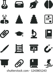 Solid Black Vector Icon Set - tassel vector, clip, stacking rings, toy, e, abacus, drawer, flask, magnet, presentation, microscope, brain, book, scientist, board, patente, ink pen, graduate