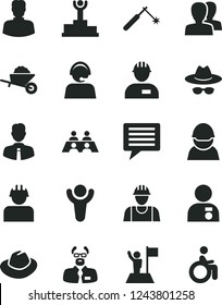 Solid Black Vector Icon Set - image of thought vector, women, hat, with glasses, builder, workman, garden trolley, employee, racer, welding, woman, operator, conversation, scientist, winner, podium