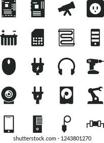 Solid Black Vector Icon Set - drill vector, power socket type b, plummet, heating coil, headphones, smartphone, lens, battery, plug, electric, assembly robot, SIM, mouse, pc tower, motherboard, hdd